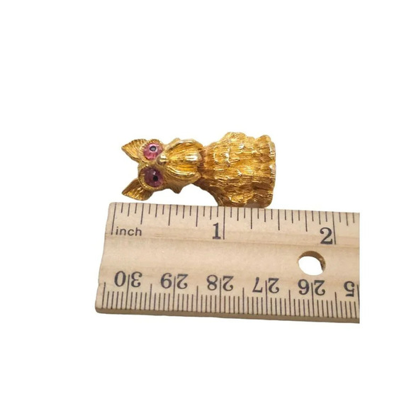 Signed JJ Pink Rhinestone Textured Dog Face Brooch Pin Gold Tone Vintage - Picture 5 of 5